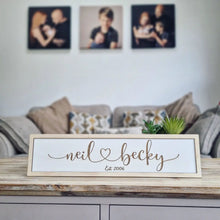 Load image into Gallery viewer, Personalised Couple Heart Linked White & Natural Wood Sign