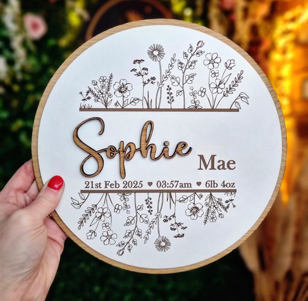 Personalised Baby Birth Botanical Oak Sign