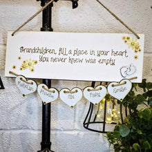 Load image into Gallery viewer, Grandchildren fill a place in your heart Plaque with hanging hearts
