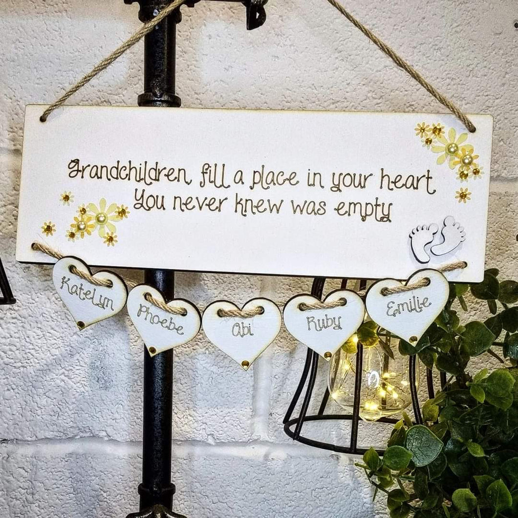 Grandchildren fill a place in your heart Plaque with hanging hearts